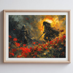 Epic confrontation between a cloaked warrior and a radiant hero amidst a vibrant floral field.