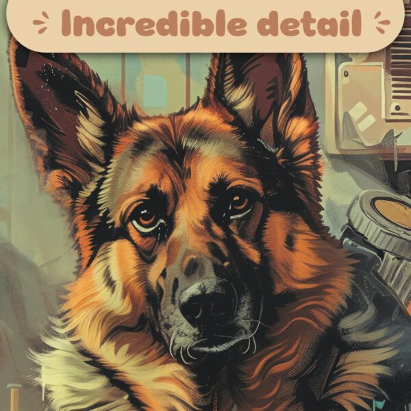 Close-up detail of a German Shepherd companion from a Fallout-inspired artwork, highlighting the intricate brushstrokes, vibrant fur textures, and post-apocalyptic sci-fi elements in the background. Perfect for showcasing the incredible artistry and character of this retro wasteland-themed piece.