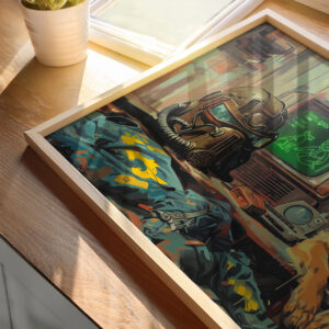 Framed Fallout-inspired art print displayed on a sunlit wooden table, showcasing intricate details like the power armor helmet, Vault-Tec suit, and vintage CRT monitor. Perfect for fans of retro sci-fi and post-apocalyptic decor