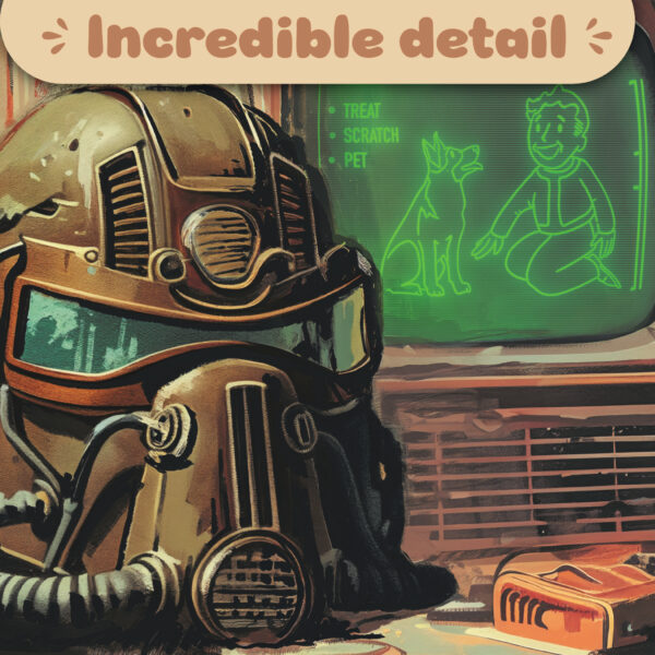 Close-up detail of a Fallout-inspired artwork featuring a weathered power armor helmet alongside a vintage CRT monitor displaying a Pip-Boy-style graphic of a dog and its companion. The intricate sci-fi details and retro post-apocalyptic atmosphere make this piece perfect for fans of Fallout and wasteland-themed decor.