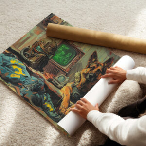 Unrolled Fallout-inspired art print featuring a German Shepherd and power armor helmet, displayed on a carpeted floor with hands carefully preparing it for packaging in a sturdy cardboard tube. Perfect for showcasing the artwork’s vibrant details and secure shipping process.