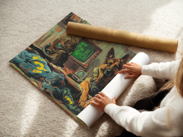 Unrolled Fallout-inspired art print featuring a German Shepherd and power armor helmet, displayed on a carpeted floor with hands carefully preparing it for packaging in a sturdy cardboard tube. Perfect for showcasing the artwork’s vibrant details and secure shipping process.