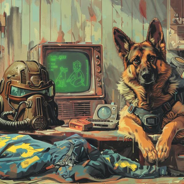 Close-up of a Fallout-inspired art print featuring a loyal German Shepherd companion alongside a weathered power armor helmet, a vintage CRT monitor displaying a Pip-Boy-style graphic, and Vault-Tec-themed details. This cropped composition highlights the sci-fi, retro post-apocalyptic vibe, perfect for fans of the Fallout universe, survival games, and wasteland-themed decor