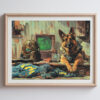 Fallout-inspired art print featuring a loyal German Shepherd companion in a retro post-apocalyptic setting. The artwork showcases a detailed sci-fi atmosphere with a weathered power armor helmet, a vintage CRT monitor displaying a Pip-Boy-style graphic, and Vault-Tec-themed elements in a rugged wasteland workshop. Perfect for fans of adventure, survival, and post-apocalyptic decor